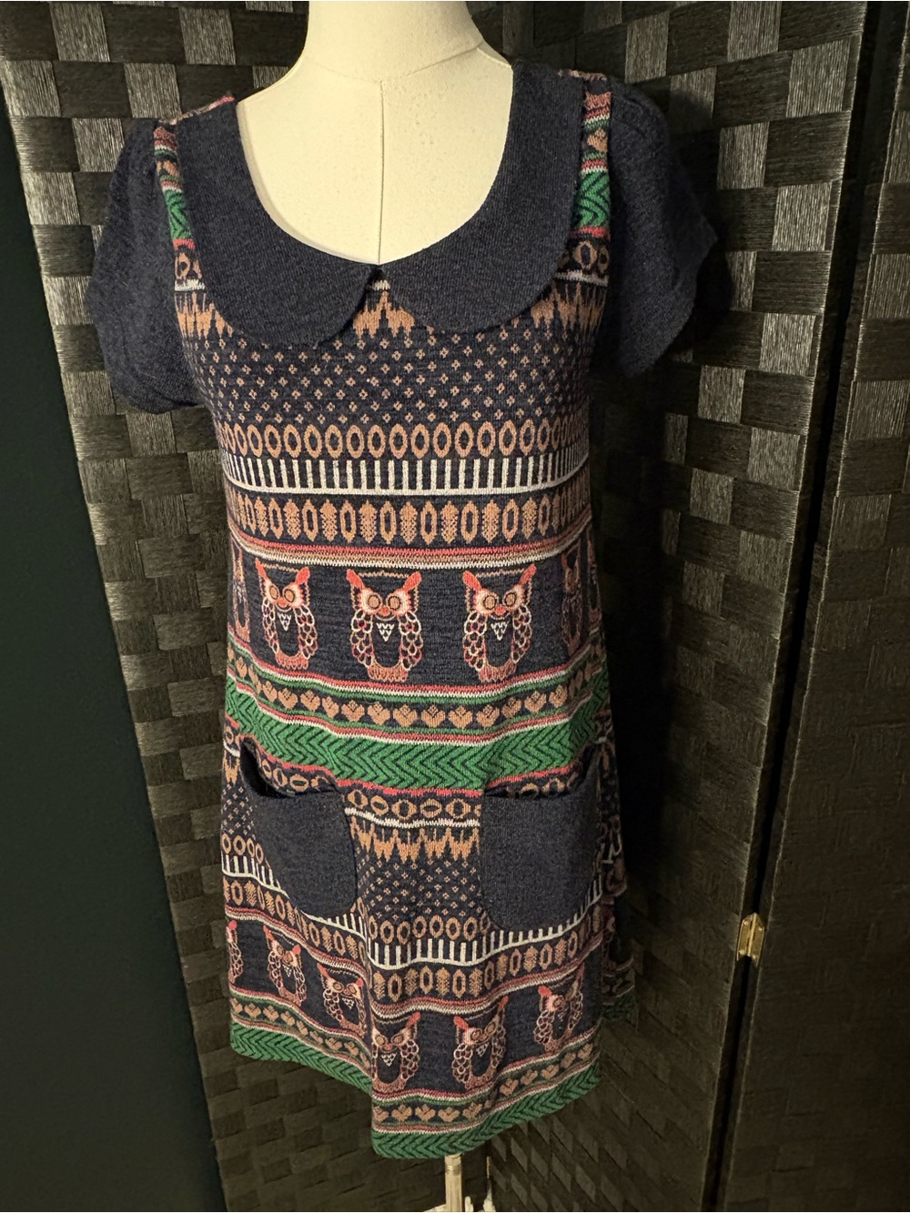 Vintage Gracia Boho Owl Print Knit Dress Peter Pan Collar Pockets